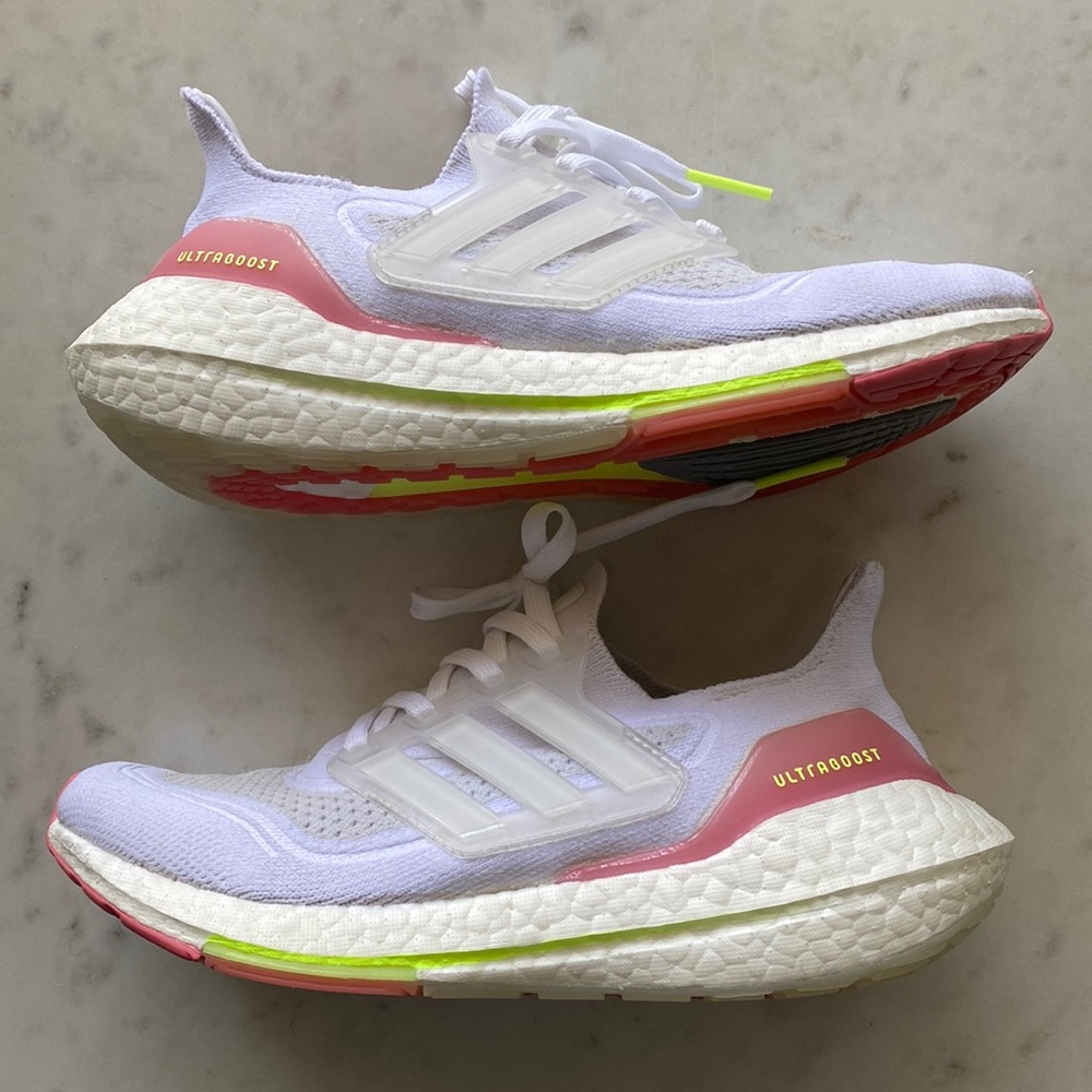 Adidas ultra boost running shoes sneakers white pink yellow size 6
